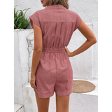 Babe Beachwear striped pink short sleeve waist tie romper with collar and cuffed shorts back view