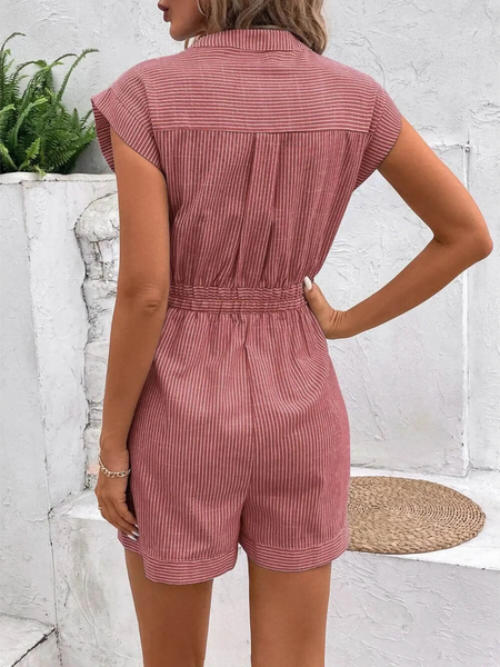Babe Beachwear striped pink short sleeve waist tie romper with collar and cuffed shorts back view