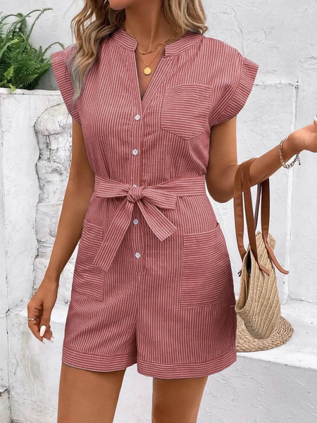 Babe Beachwear red striped waist tie romper with buttons and pockets worn by woman