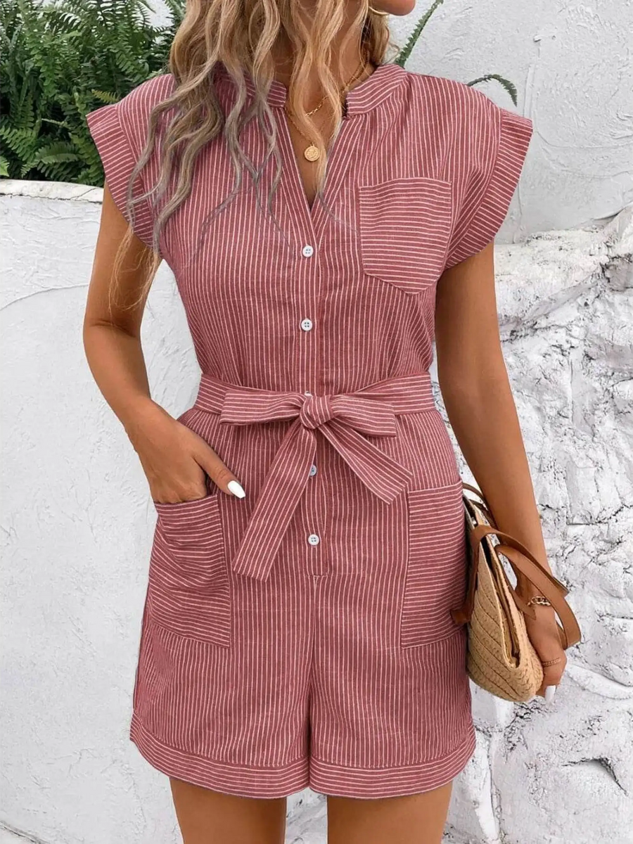 Babe Beachwear striped pink short sleeve waist tie romper with front buttons and pockets