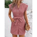 Babe Beachwear striped pink short sleeve waist tie romper with front buttons and pockets