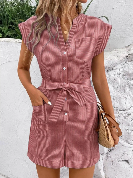 Babe Beachwear striped pink short sleeve waist tie romper with front buttons and pockets