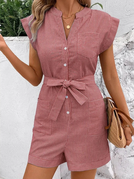 Babe Beachwear pink striped waist tie romper with front buttons and patch pockets