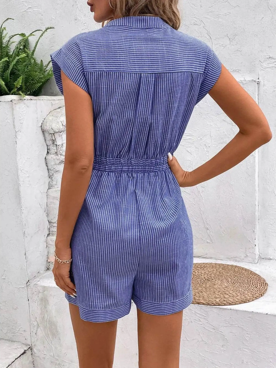 Babe Beachwear blue striped short sleeve waist tie romper with back view and cuffed shorts