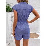Babe Beachwear blue striped short sleeve waist tie romper with back view and cuffed shorts