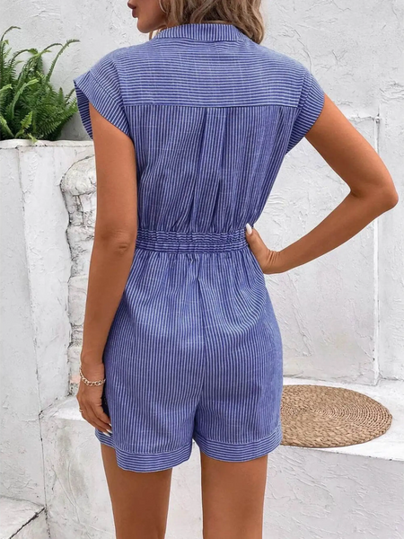 Babe Beachwear blue striped short sleeve waist tie romper with back view and cuffed shorts