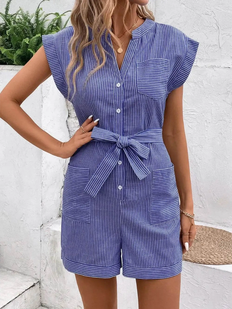 woman wearing a and handbag Babe Beachwear blue striped waist tie romper with short sleeves and front pockets