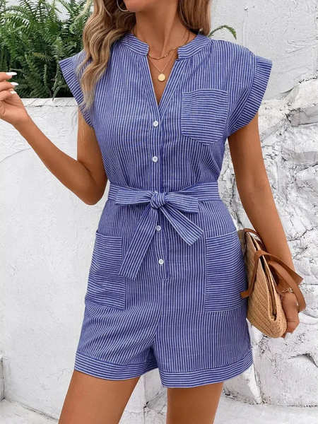 Babe Beachwear blue striped waist tie romper with buttons and pockets for casual summer style