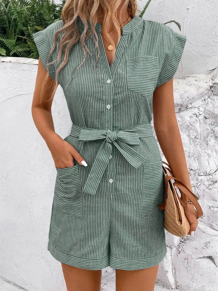 Babe Beachwear green striped waist tie romper with button front and pockets for casual summer style