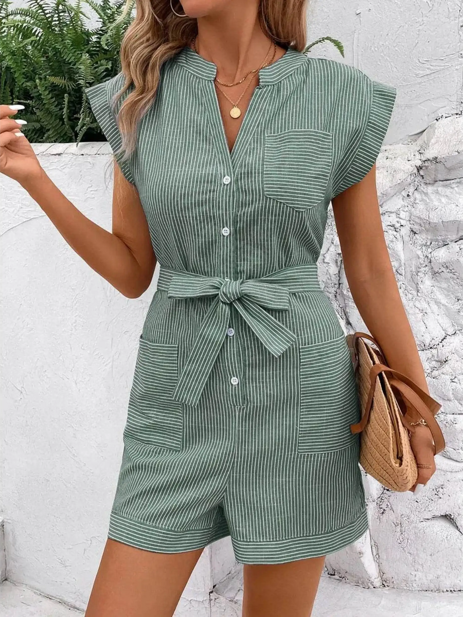 green Babe Beachwear green striped waist tie romper with short sleeves and front pockets