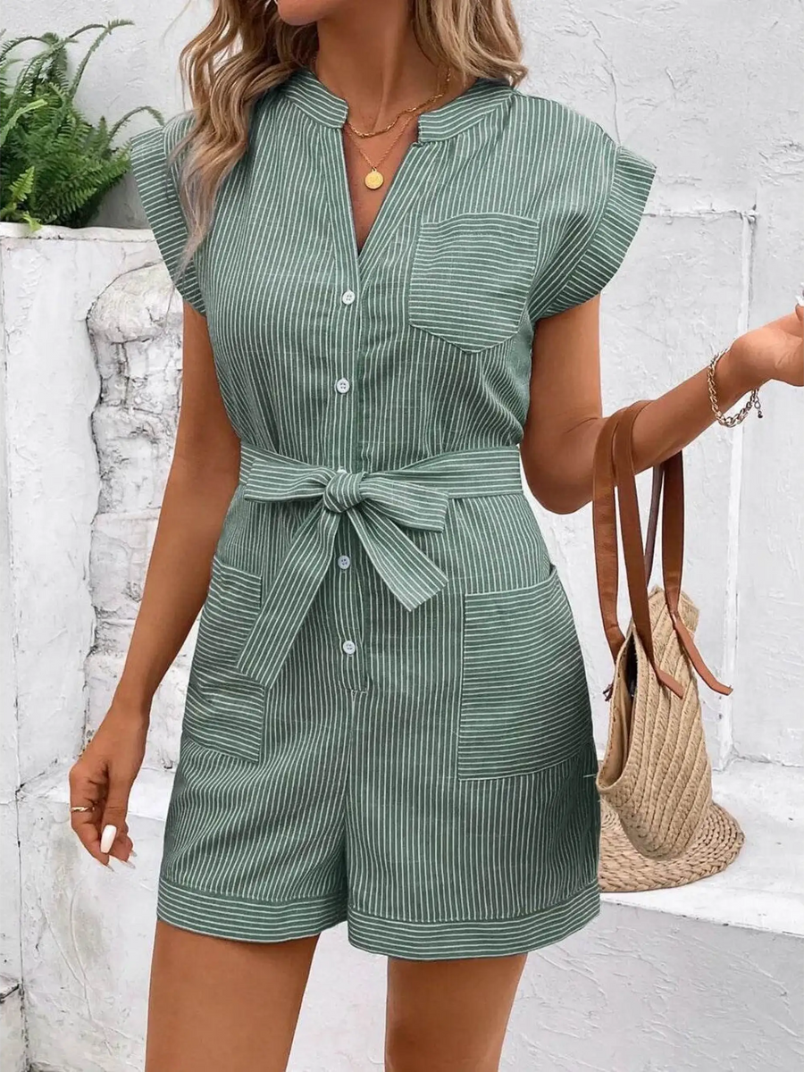 Babe Beachwear green striped waist tie romper with short sleeves and front pockets