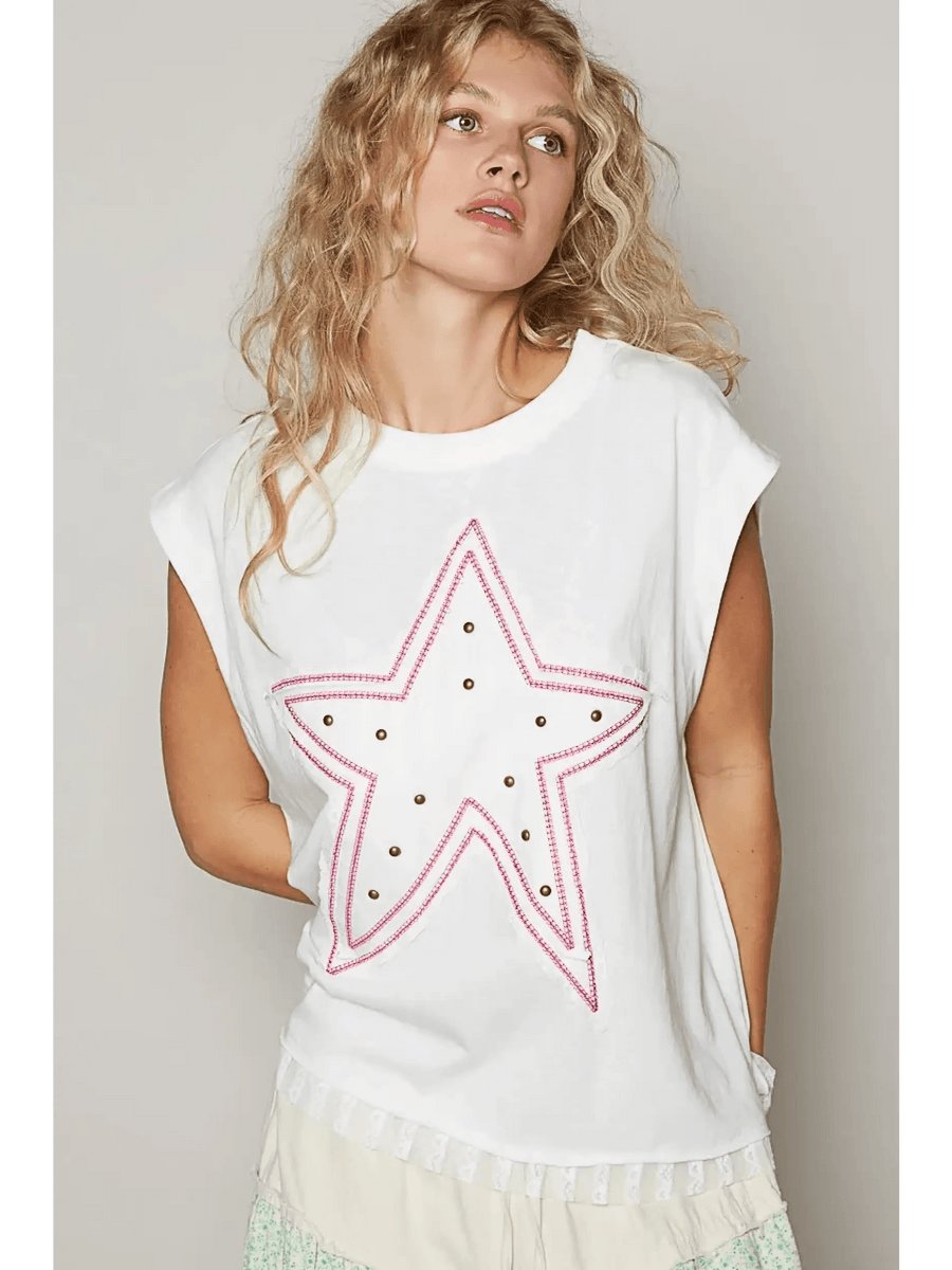Trendsi white beach blouse for women short sleeve with star design and stud details