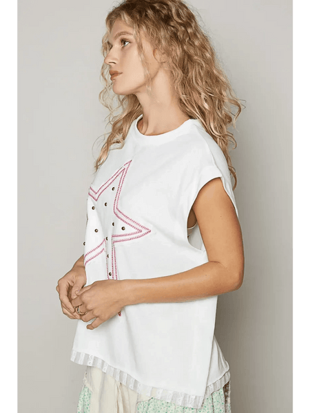 Trendsi white beach blouse for women with short sleeves and star design detail