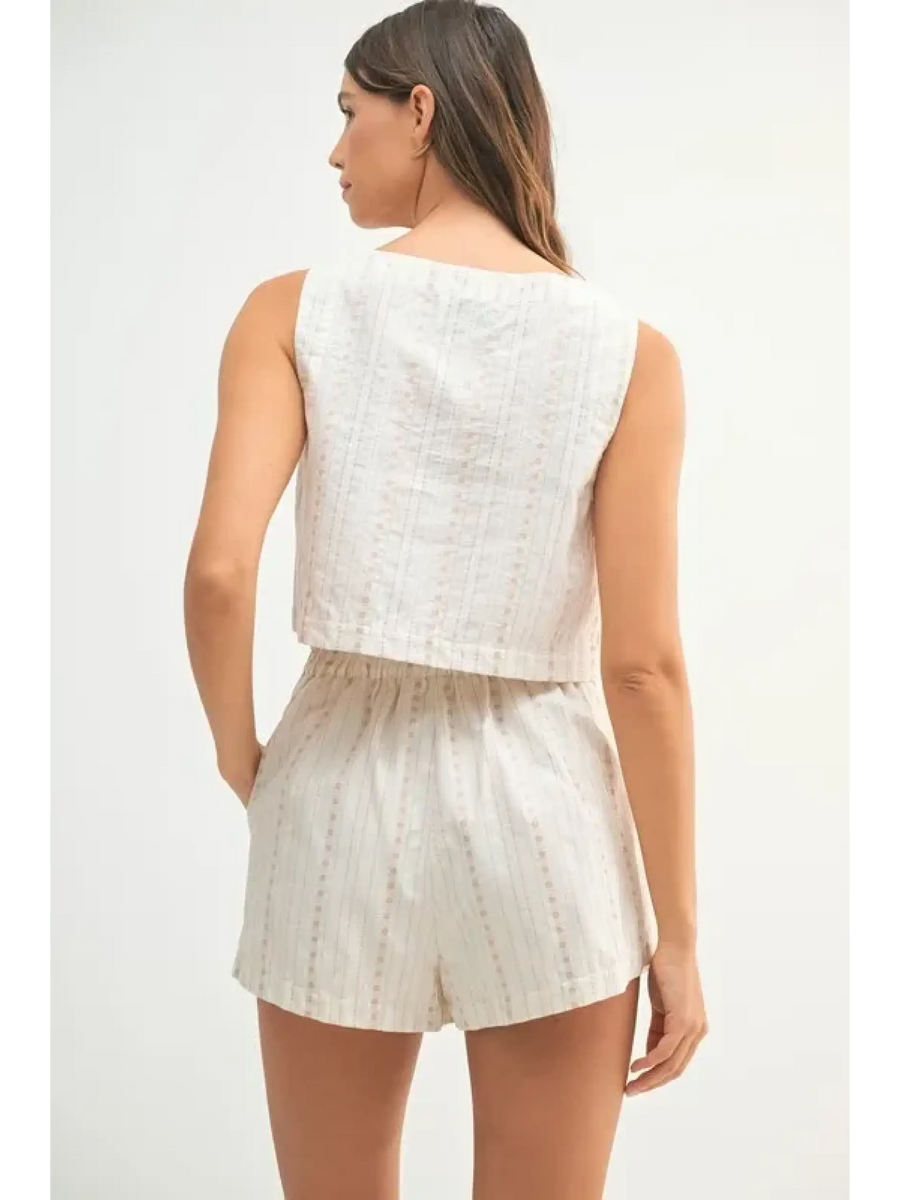 Back view of White Beach Summer Crop top Short set by Trendsi featuring sleeveless crop top and high-waisted shorts