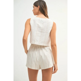 Back view of White Beach Summer Crop top Short set by Trendsi featuring sleeveless crop top and high-waisted shorts