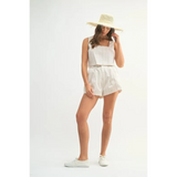 White Beach Summer Crop top Short set worn by woman with straw hat and white sneakers