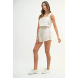 White Beach Summer Crop top Short set with sleeveless crop top and high-waisted shorts 