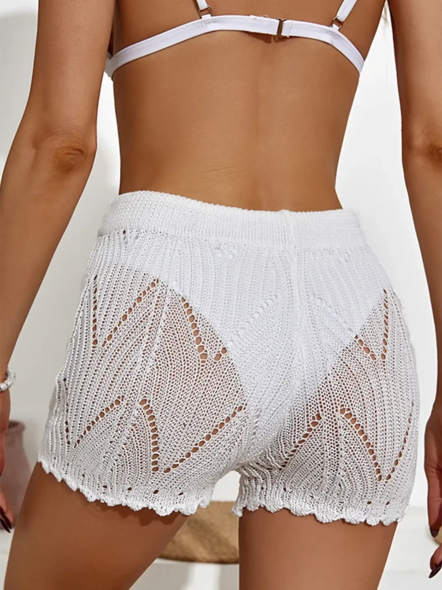 Trendsi white crochet shorts swim cover up with intricate knit pattern and scalloped hem