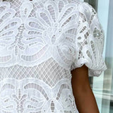 Trendsi white lace cocktail mini dress with intricate floral lace design and puff short sleeves