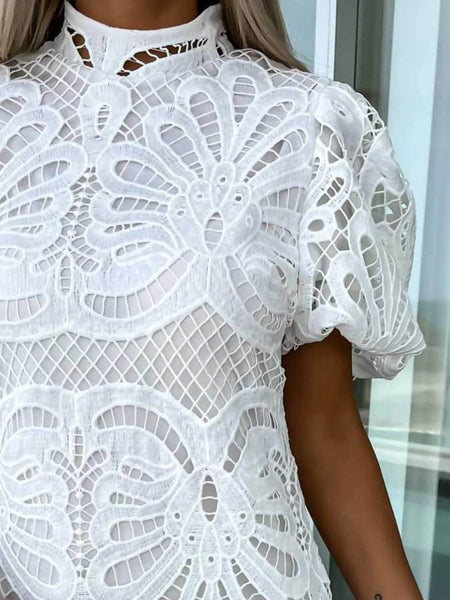 Trendsi white lace cocktail mini dress with intricate floral lace design and puff short sleeves