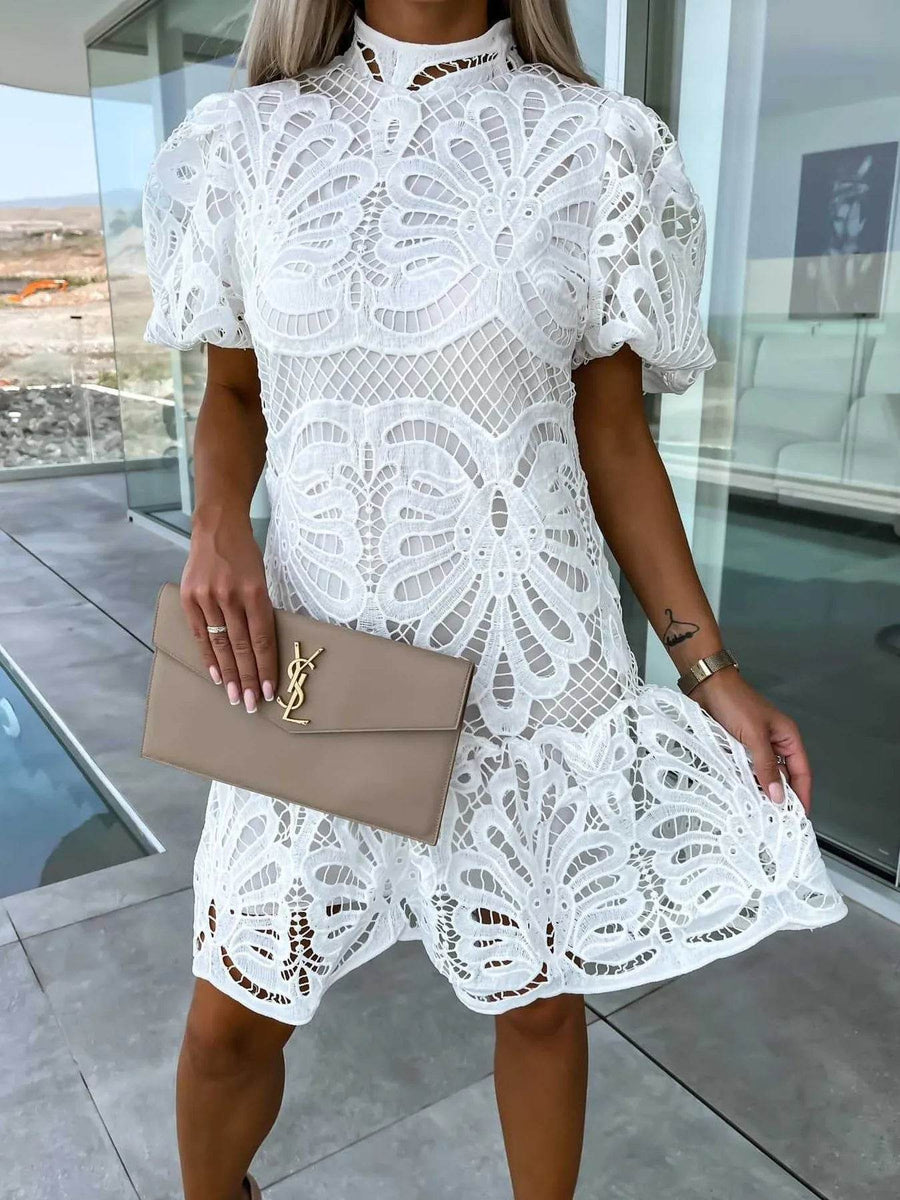 Trendsi white lace cocktail mini dress with puff sleeves and intricate floral patterns