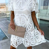 Trendsi white lace cocktail mini dress with puff sleeves and intricate floral patterns