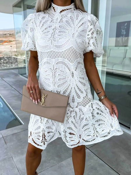 Trendsi white lace cocktail mini dress with puff sleeves and intricate floral patterns