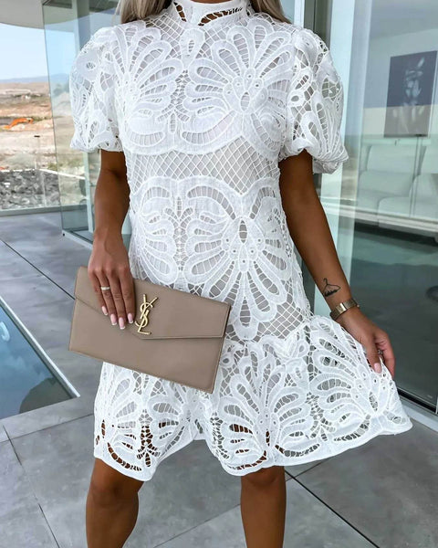 Trendsi white lace cocktail mini dress with puff sleeves and intricate floral patterns