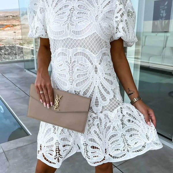 Trendsi white lace cocktail mini dress with puff sleeves and intricate floral patterns