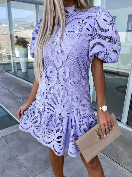 Trendsi midi dress featuring a white lace cocktail mini dress design with puff sleeves and ruffled hem