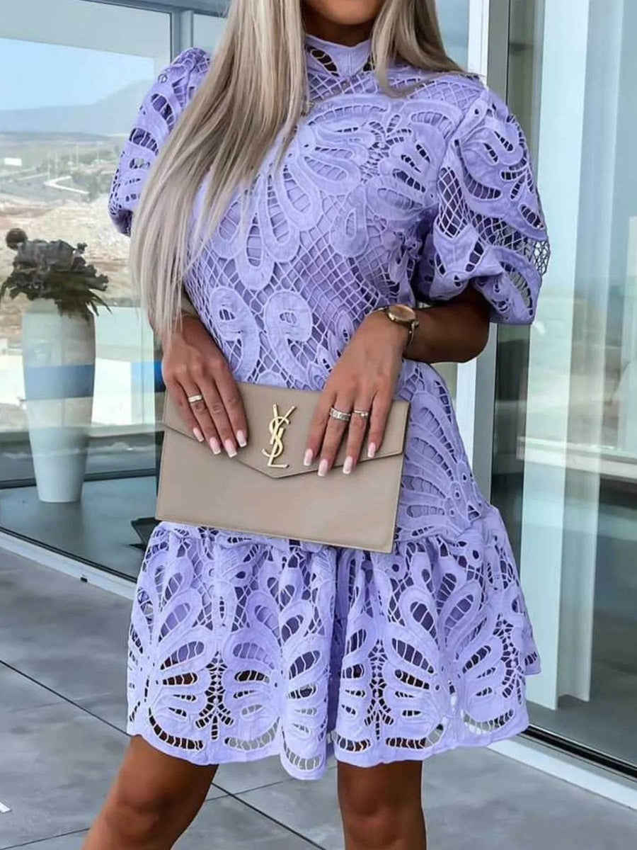 Trendsi white lace cocktail mini dress with intricate lace pattern and puff sleeves midi dress