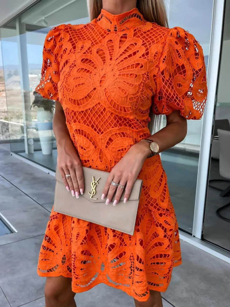 Trendsi orange lace midi dress with puff sleeves paired with beige clutch bag