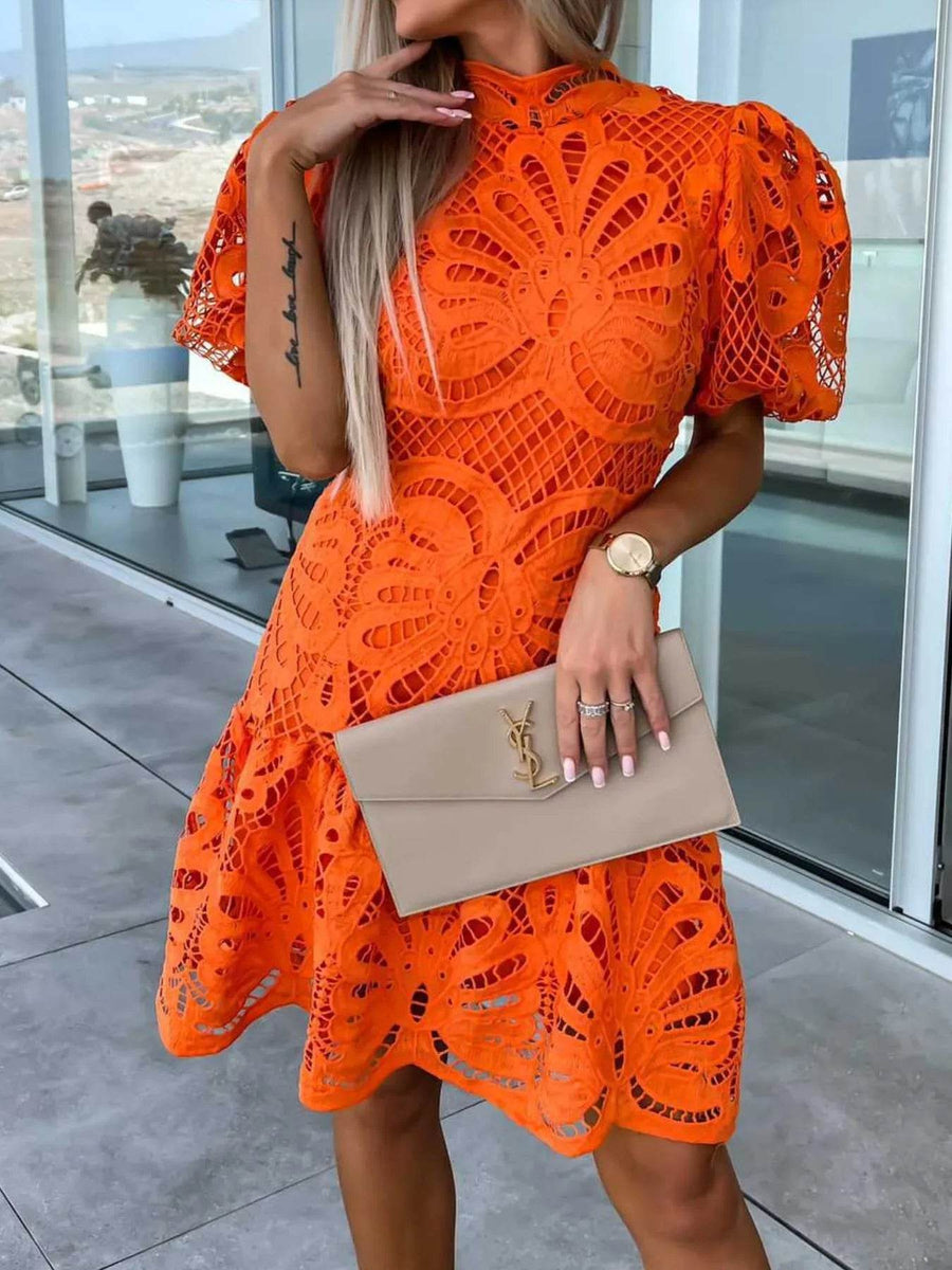 Trendsi orange midi dress with puff sleeves and intricate cut-out lace design