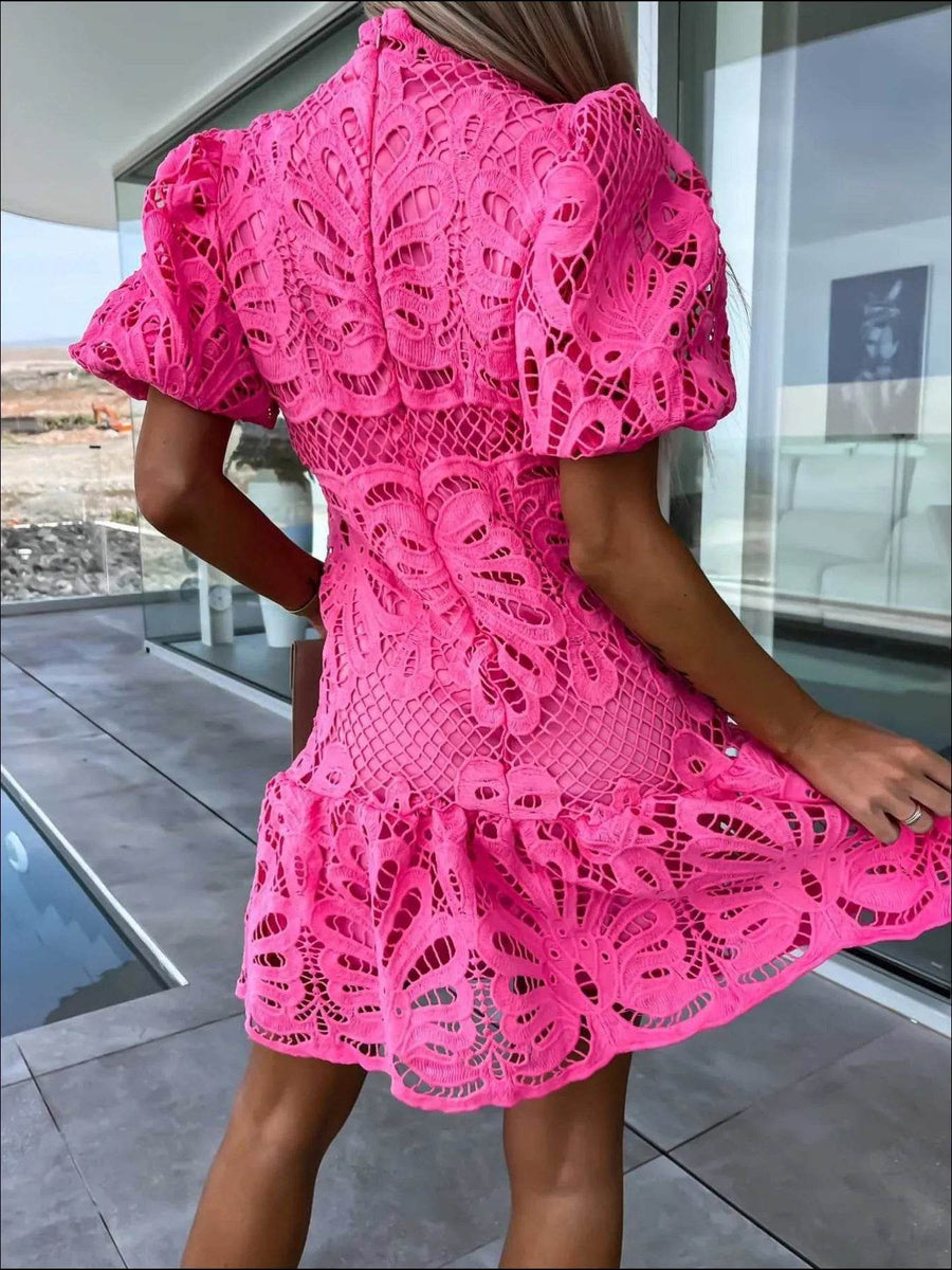 Trendsi midi dress in bright pink lace with puff sleeves and flared skirt cocktail style