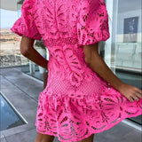 Trendsi midi dress in bright pink lace with puff sleeves and flared skirt cocktail style