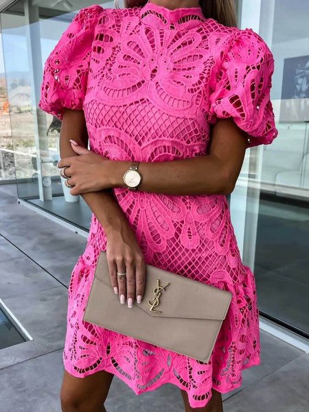 Trendsi pink lace midi dress with puff sleeves styled with beige YSL clutch and watch