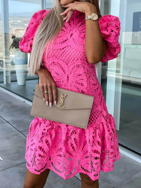 Trendsi pink lace midi dress with puff sleeves held with beige YSL clutch purse