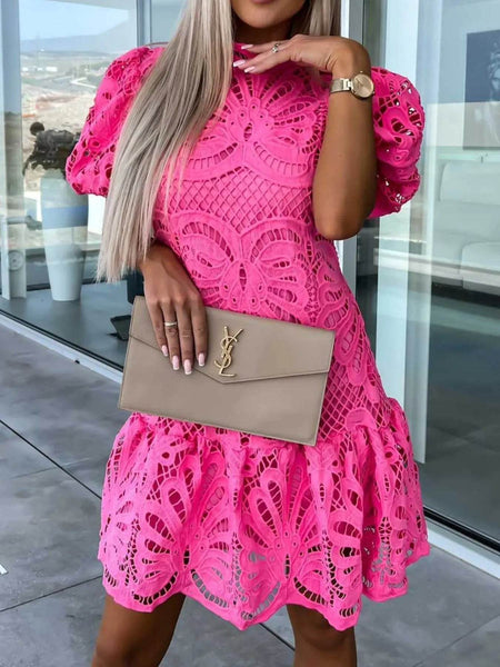 Trendsi pink midi dress with intricate lace design and puff sleeves styled with neutral clutch