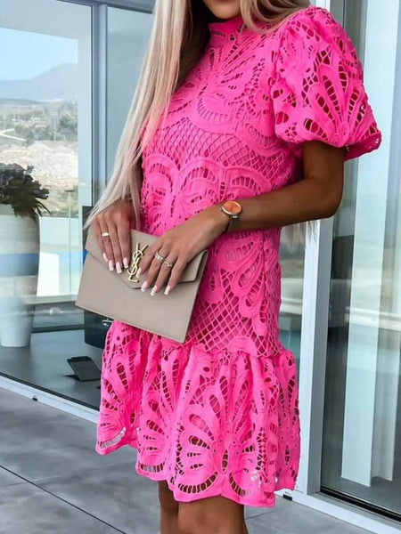 Trendsi pink midi dress with puff sleeves and intricate lace pattern for stylish occasions