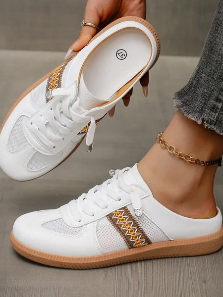 Trendsi white mule sneakers for women with lace-up front and brown patterned side detail