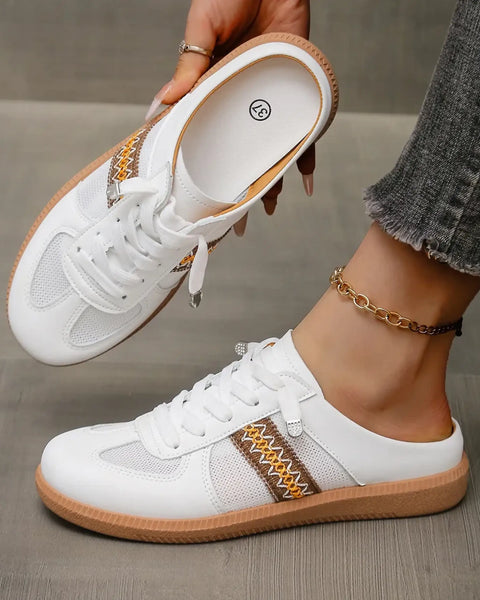 Trendsi white mule sneakers for women with lace-up front and brown patterned side detail