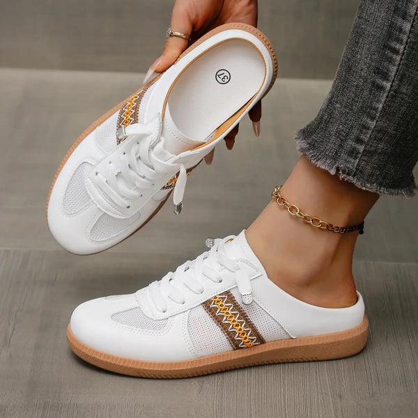 Trendsi white mule sneakers for women with lace-up front and brown patterned side detail
