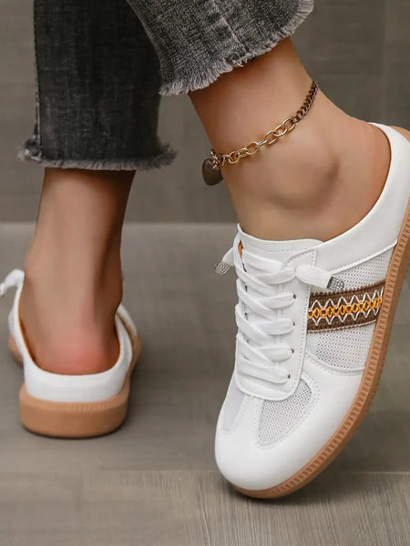 Trendsi white mule sneakers for women with lace-up design and patterned side detail