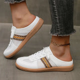 Trendsi white mule sneakers for women with brown patterned side stripe and gum sole