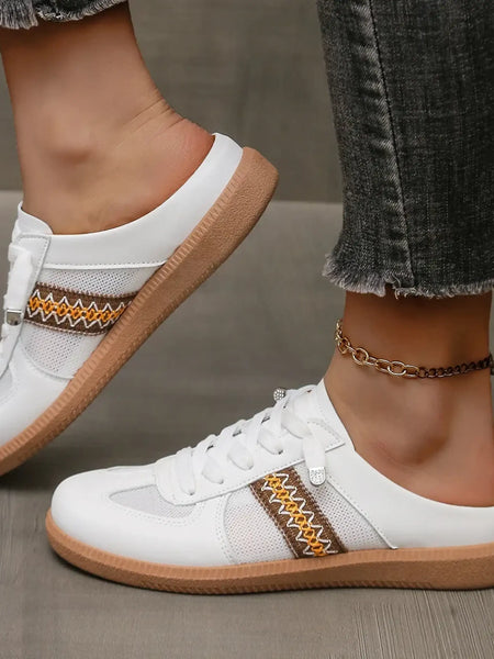 Trendsi white mule sneakers for women with brown patterned side stripe and gum sole