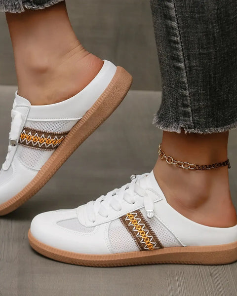 Trendsi white mule sneakers for women with brown patterned side stripe and gum sole
