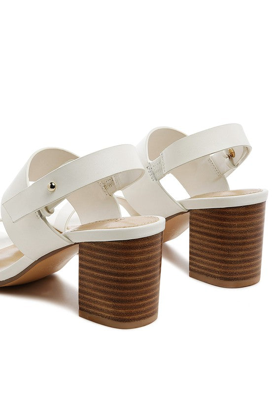 Rag Company tan slingback block heel sandals with white straps and stacked wooden heels
