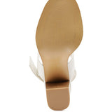 Bottom view of tan slingback block heel sandals from Rag Company showing sole and heel design