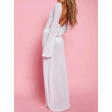 Trendsi white swimsuit cover up long sleeve maxi dress with backless design on model