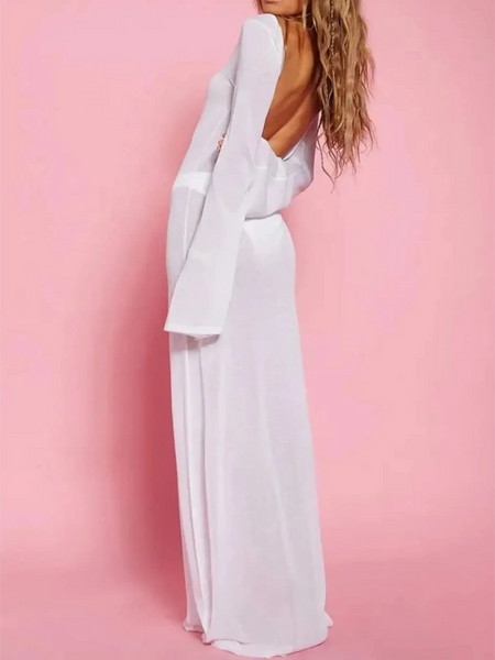 Trendsi white swimsuit cover up long sleeve maxi dress with backless design on model